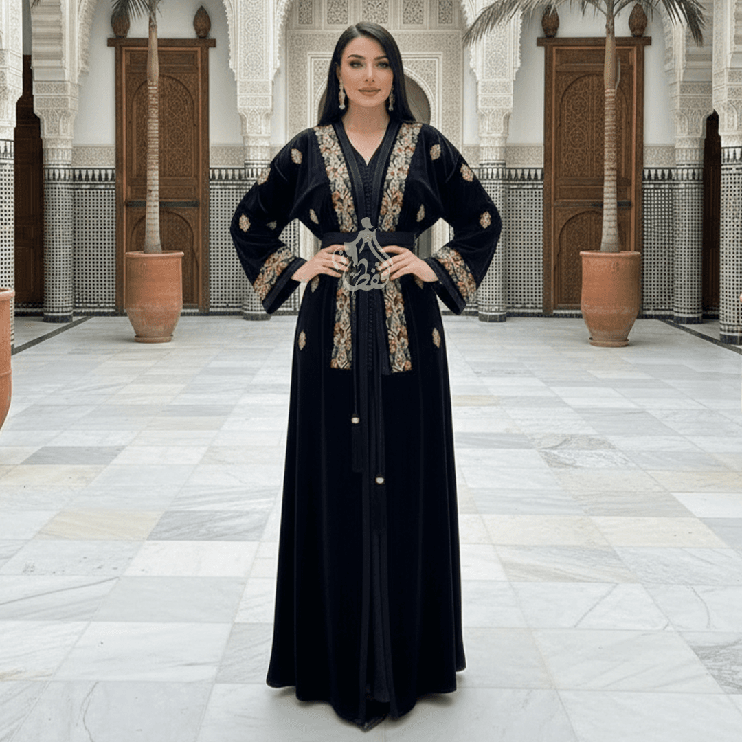 Caftan noir velours tapisserie florale