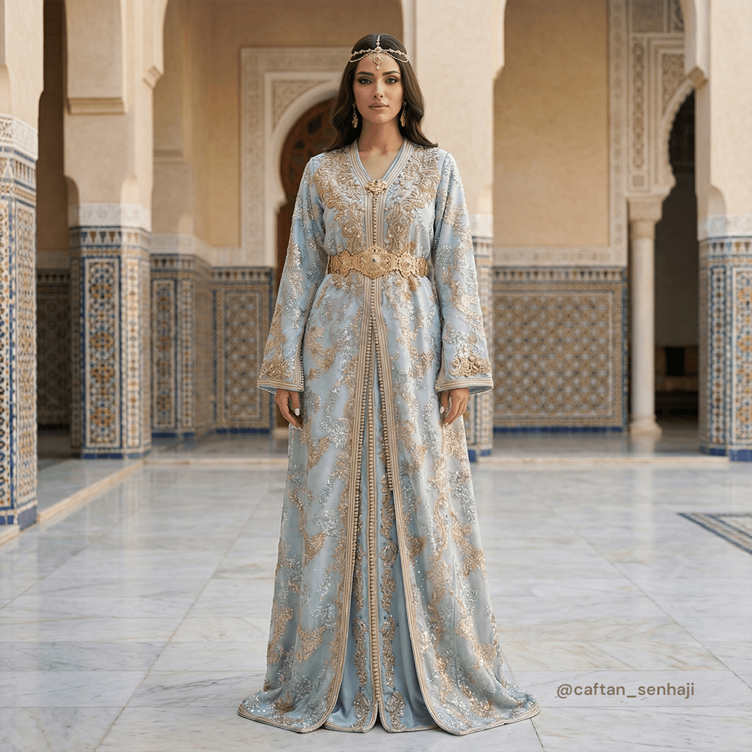 Caftan bleu ciel brodé fil d’or