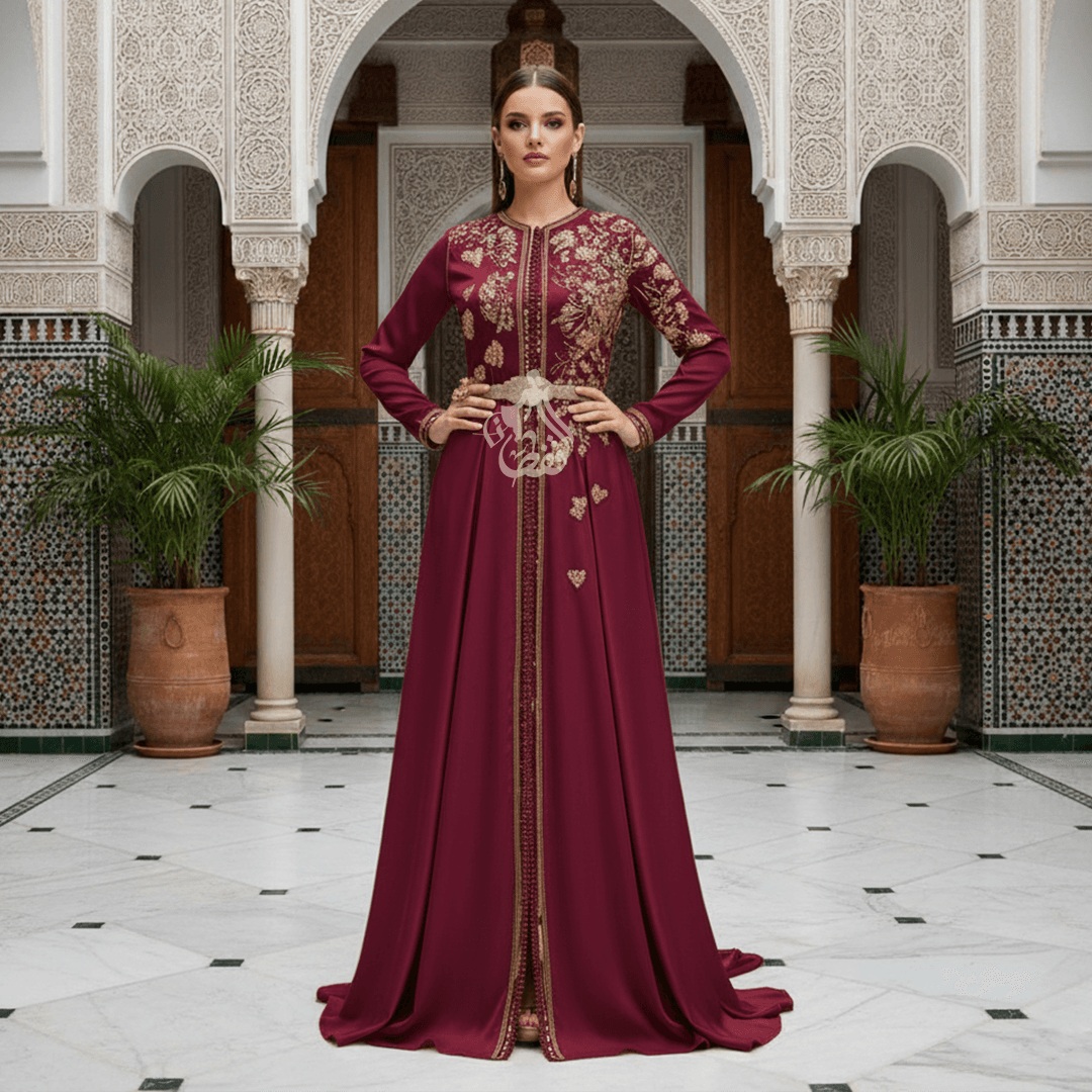 Caftan bordeaux velours broderies florales
