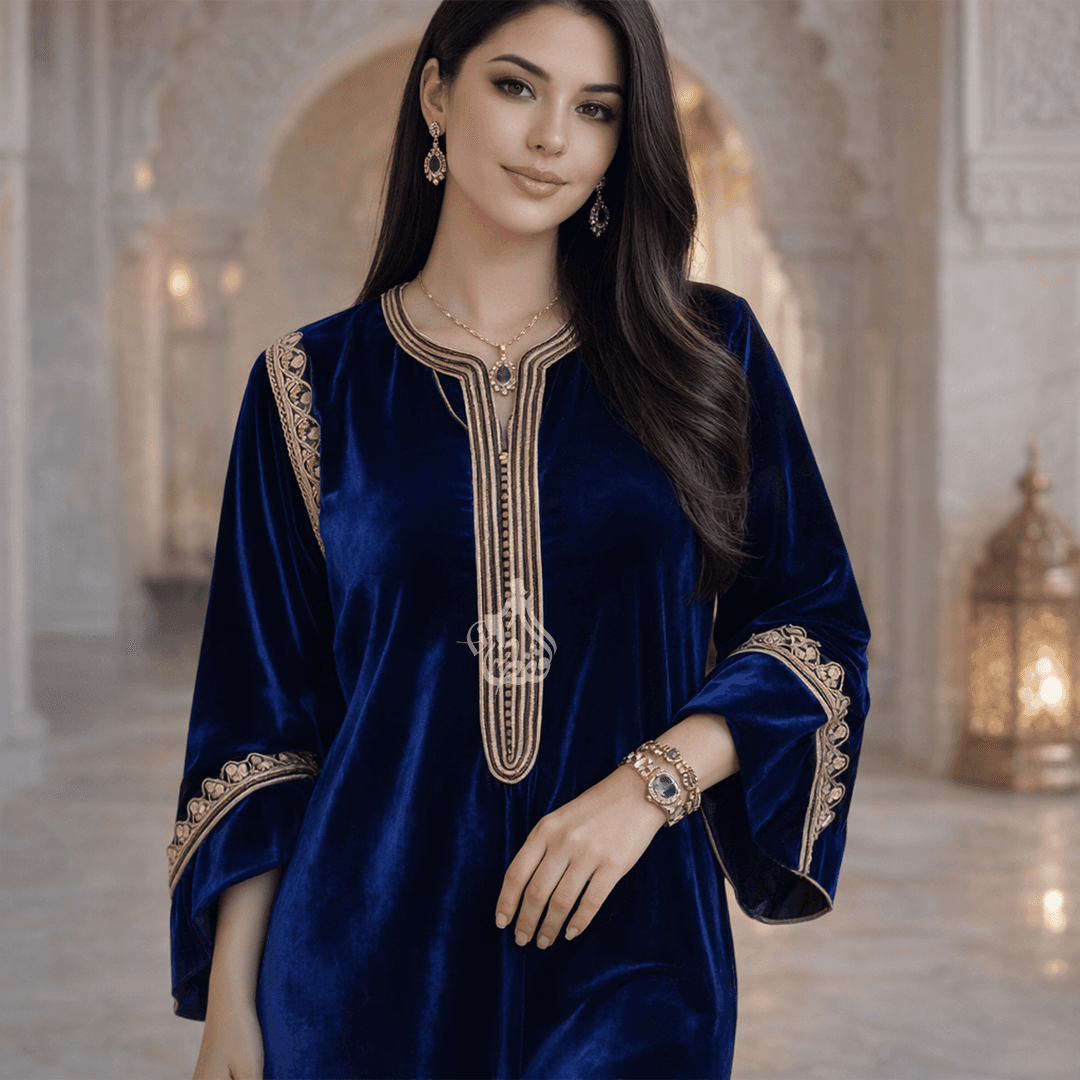 Caftan bleu marine velours galon doré