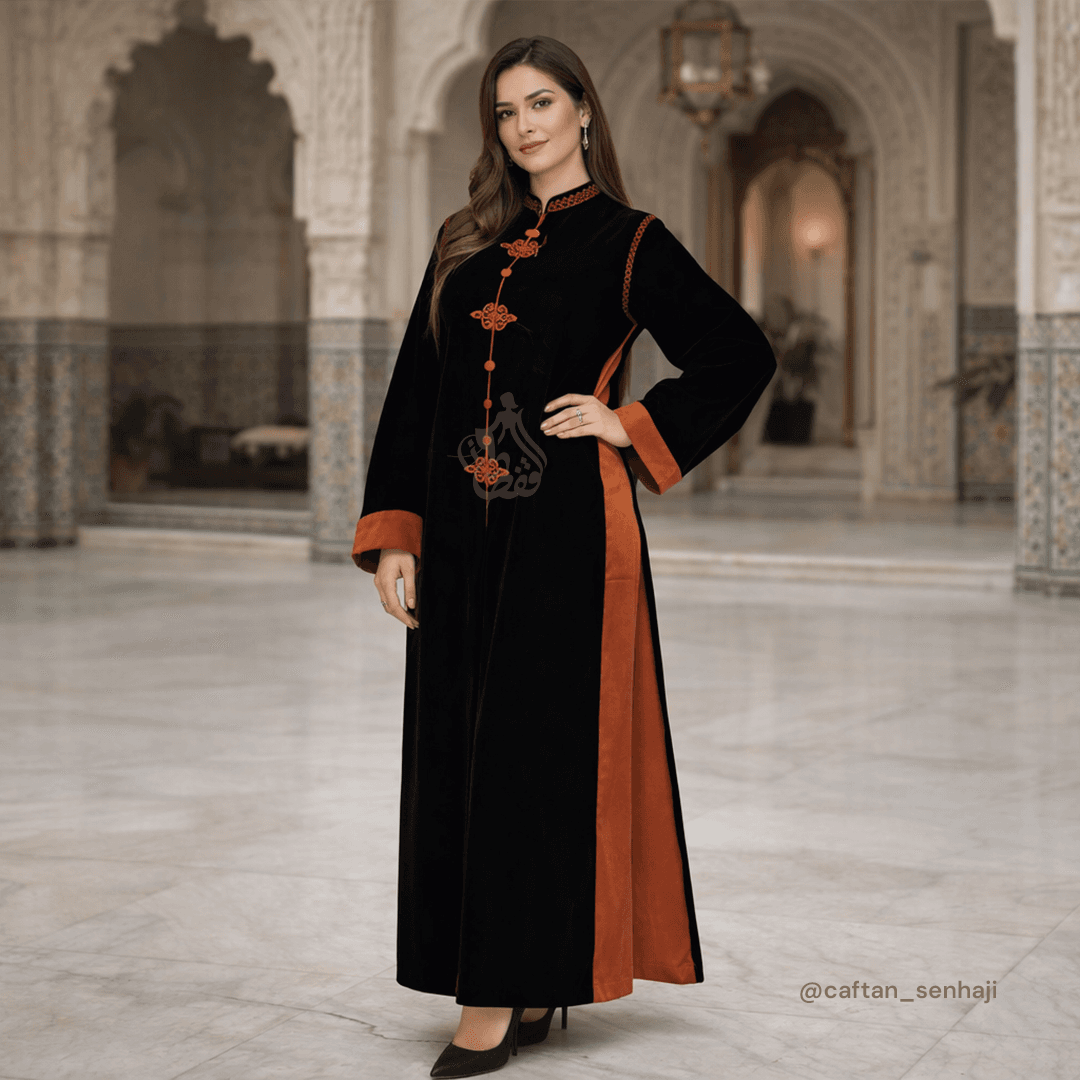 Caftan noir velours col mao bicolore terracotta