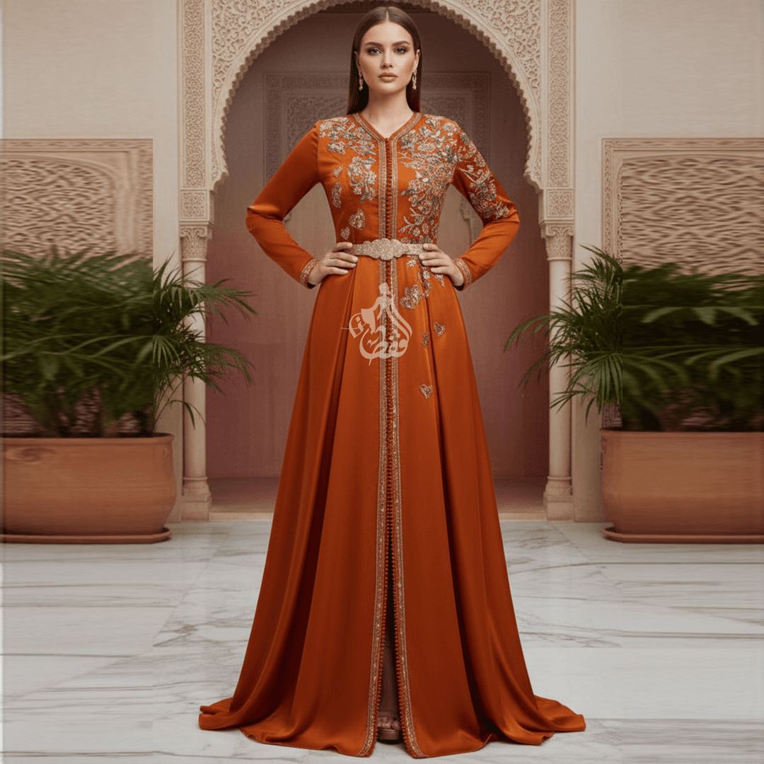Caftan orange brodé bleu et or – Soirée