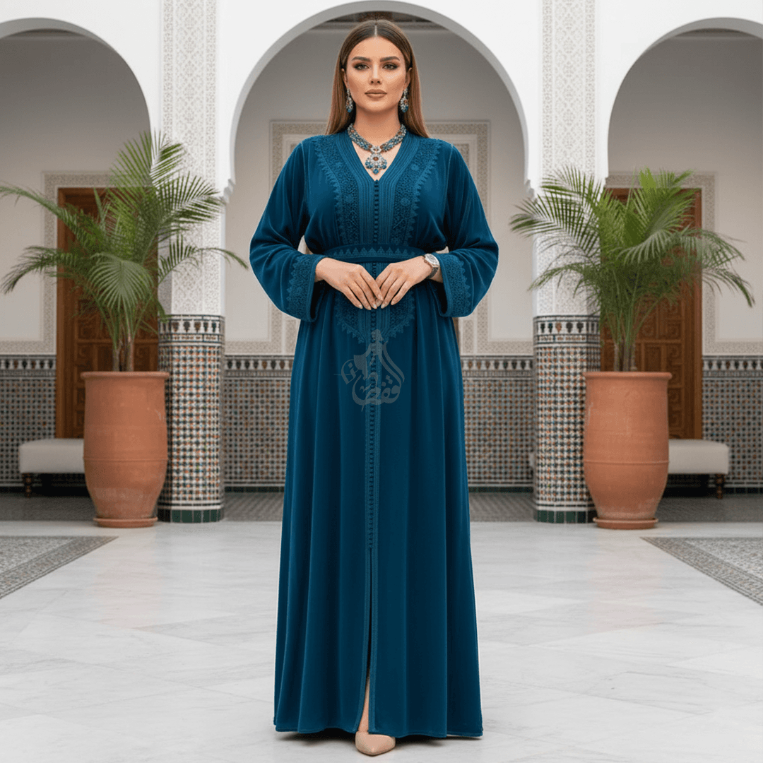 Caftan bleu pétrole broderies ton sur ton
