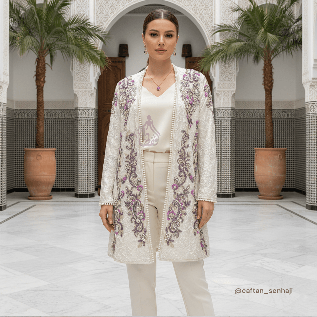 Veste brodée blanche et mauve