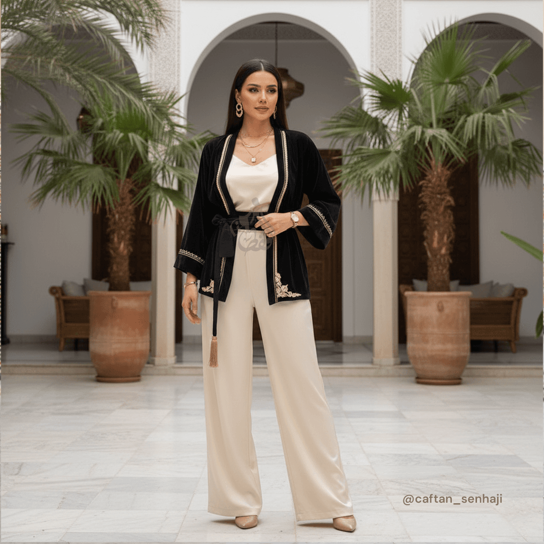 Veste noire velours galon doré sur ensemble satin