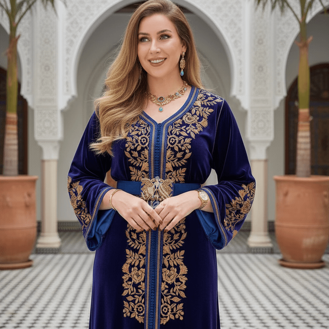 Caftan marocain indigo brode a la main avec broderies dorees - savoir-faire artisanal Senhaji