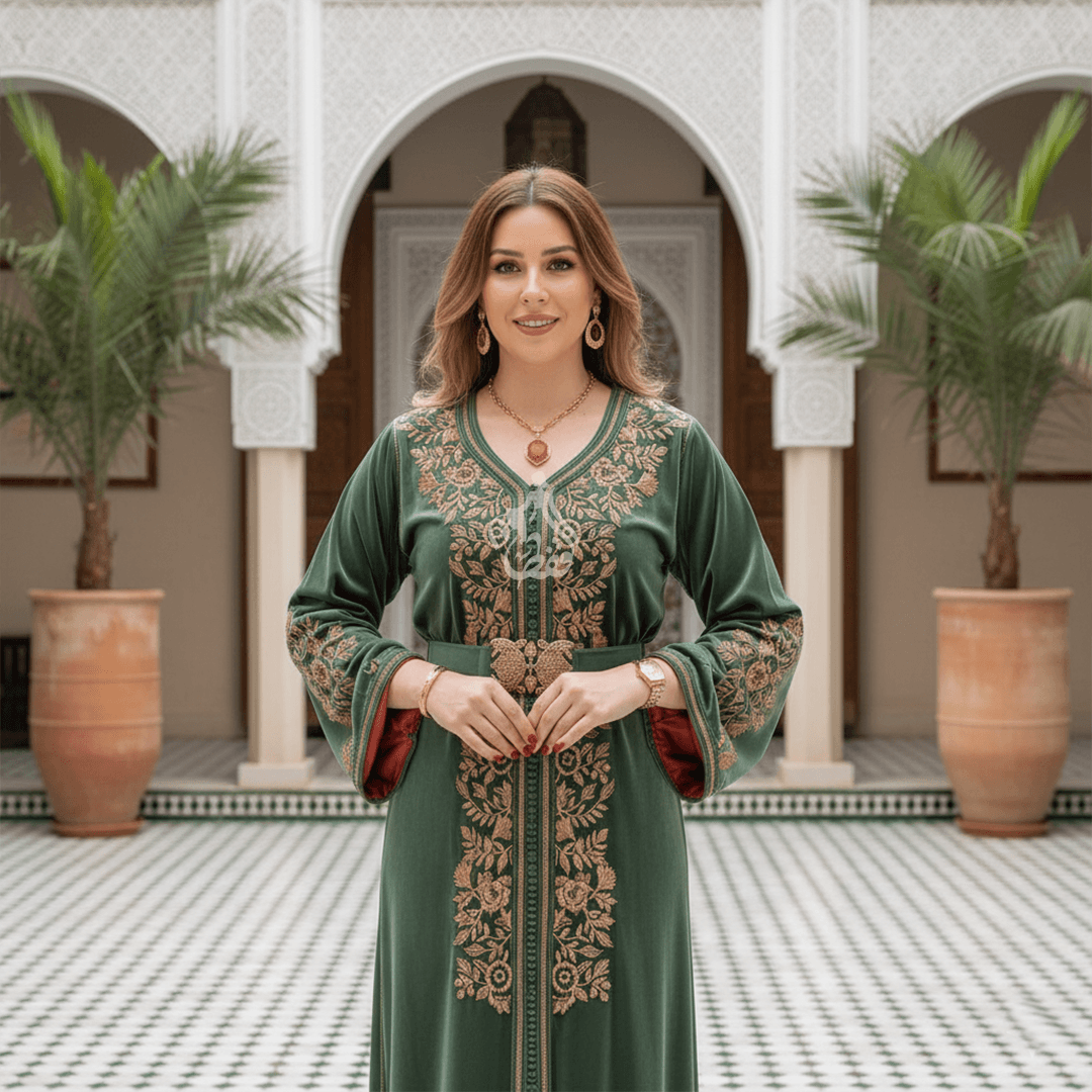 Caftan marocain vert sauge brode fil d'or, collection Senhaji 2026 - Haute couture traditionnelle