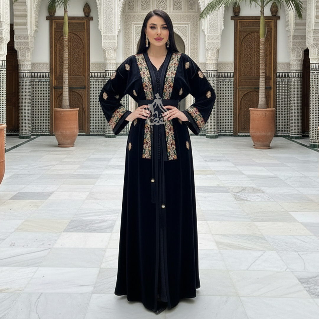 Caftan noir floral, création Senhaji
