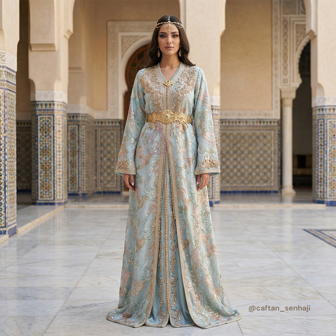 Caftan bleu ciel, création Senhaji