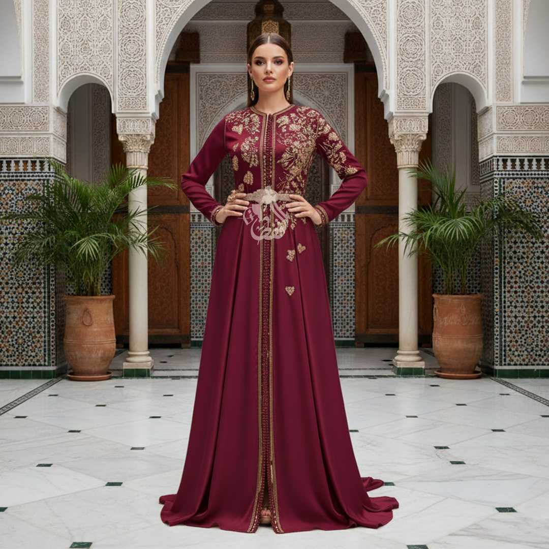 Caftan bordeaux aux broderies florales dorées, photographié dans un décor marocain