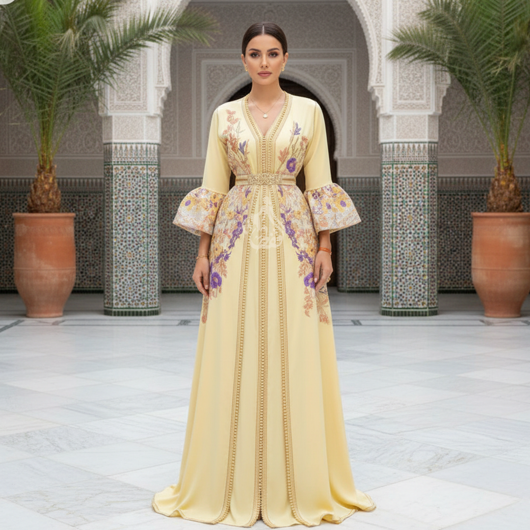 Caftan beurre floral manches pagode