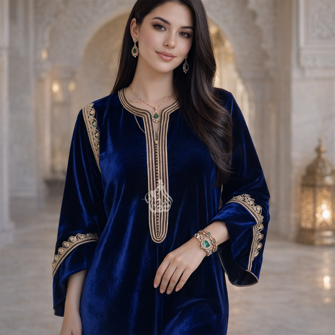 Caftan bleu marine velours galon doré