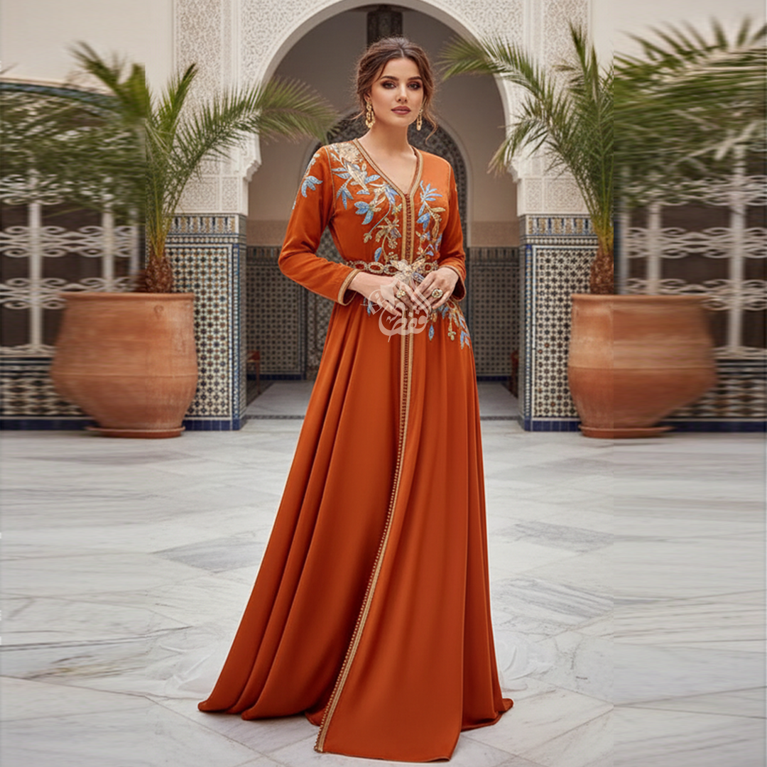 Caftan orange terracotta broderies bleues et or
