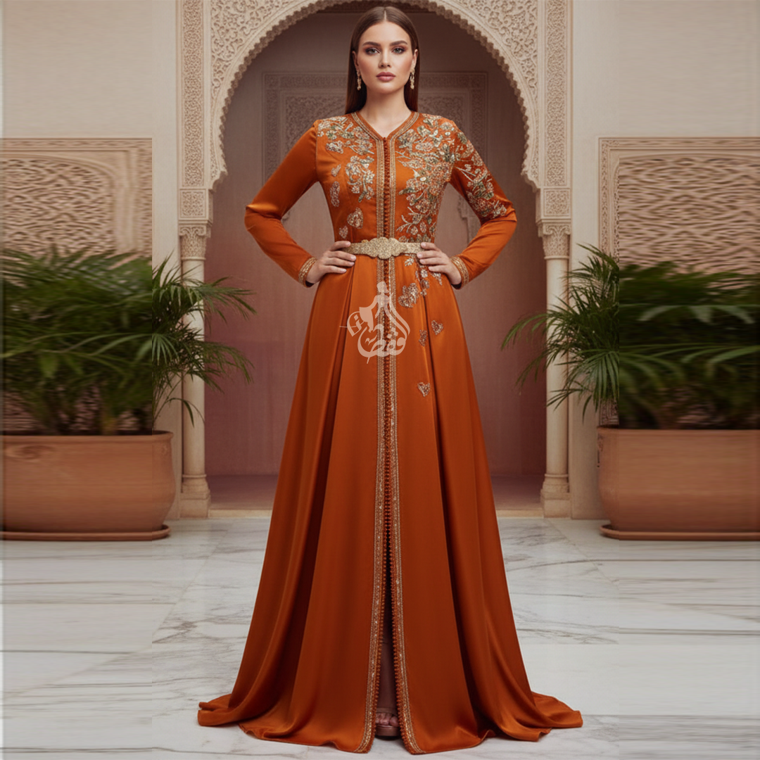 Caftan orange brodé bleu et or – Soirée