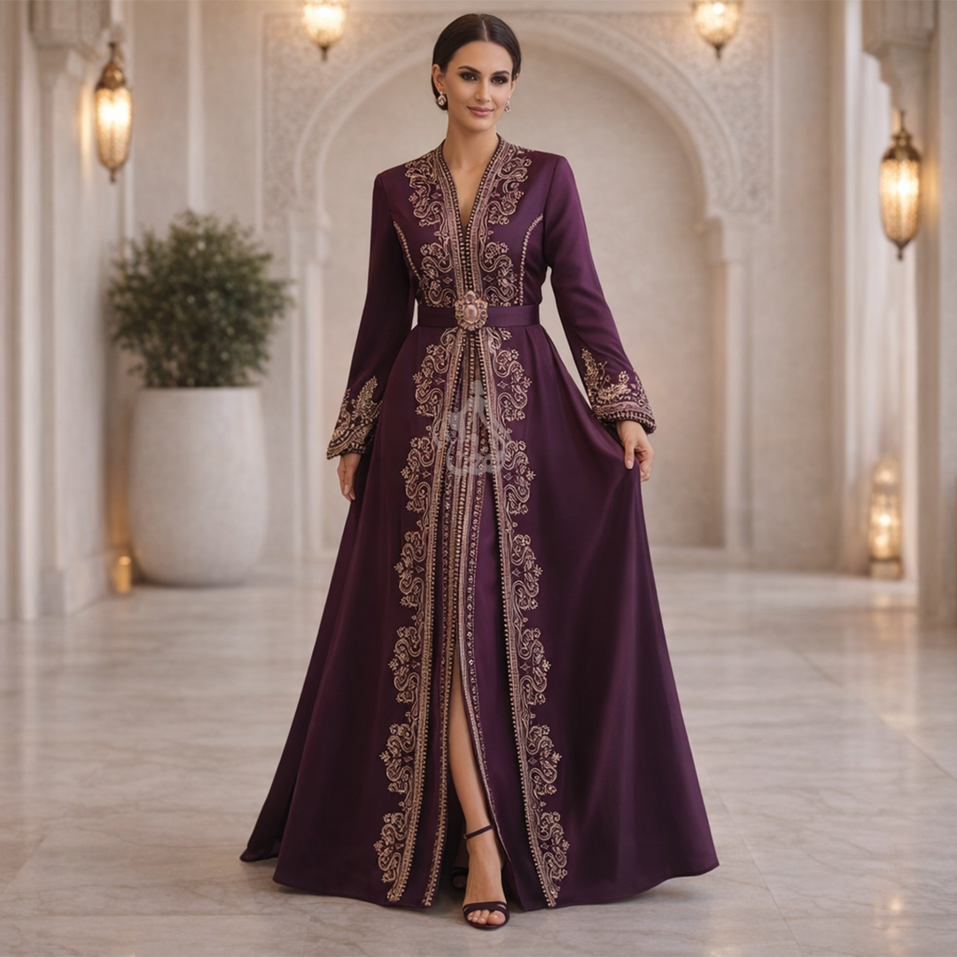 Caftan violet prune broderies traditionnelles