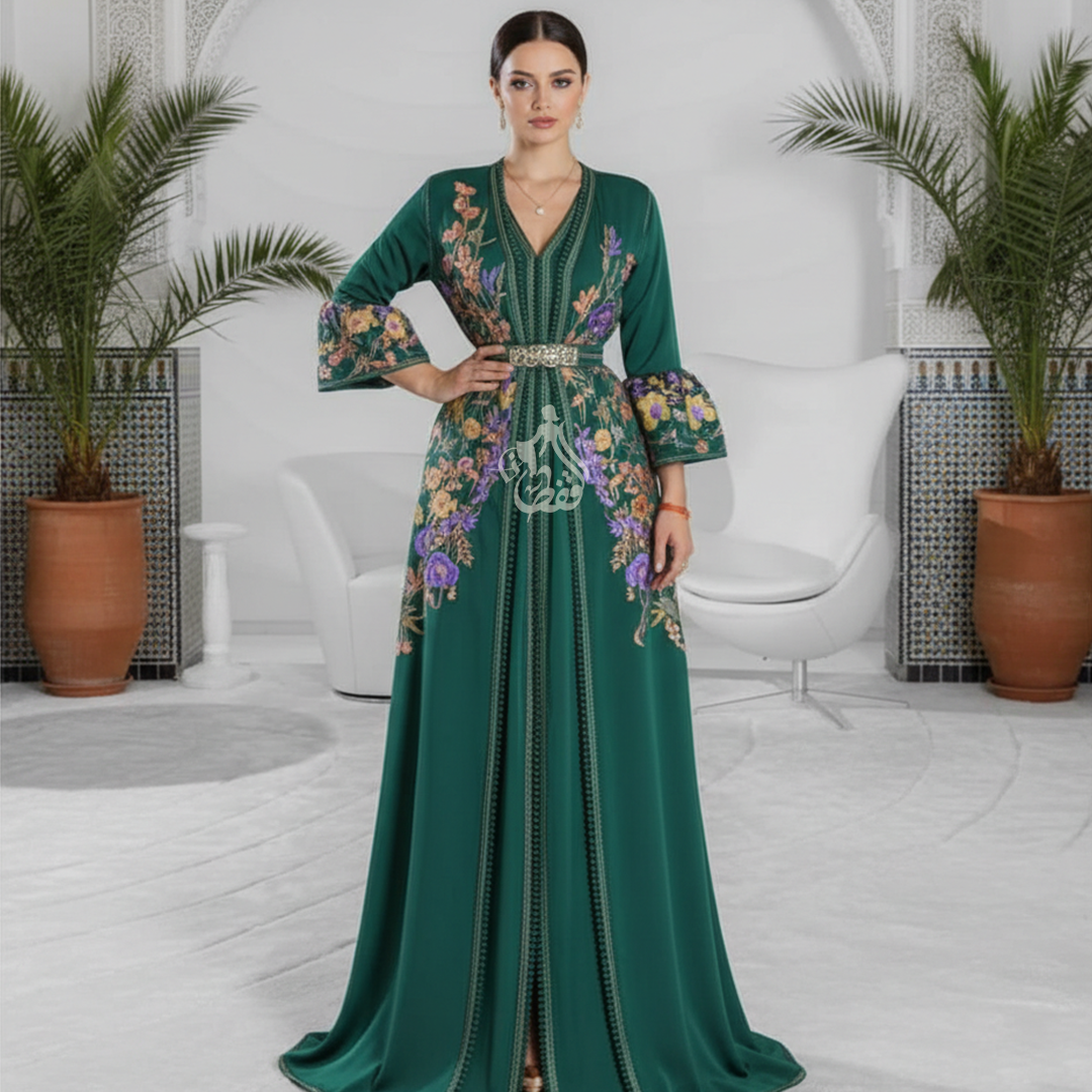 Caftan bleu pétrole velours et dentelle