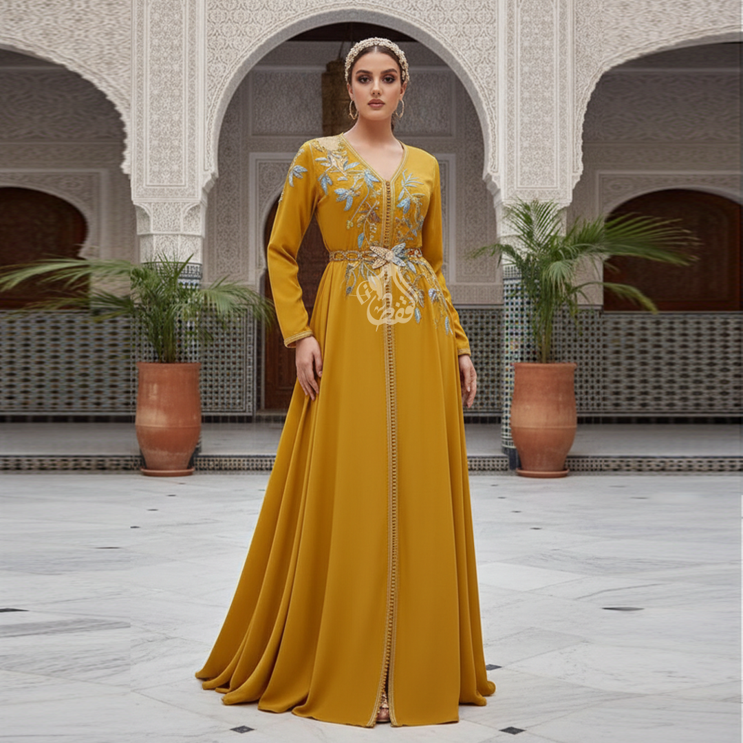 Caftan jaune safran broderies royales