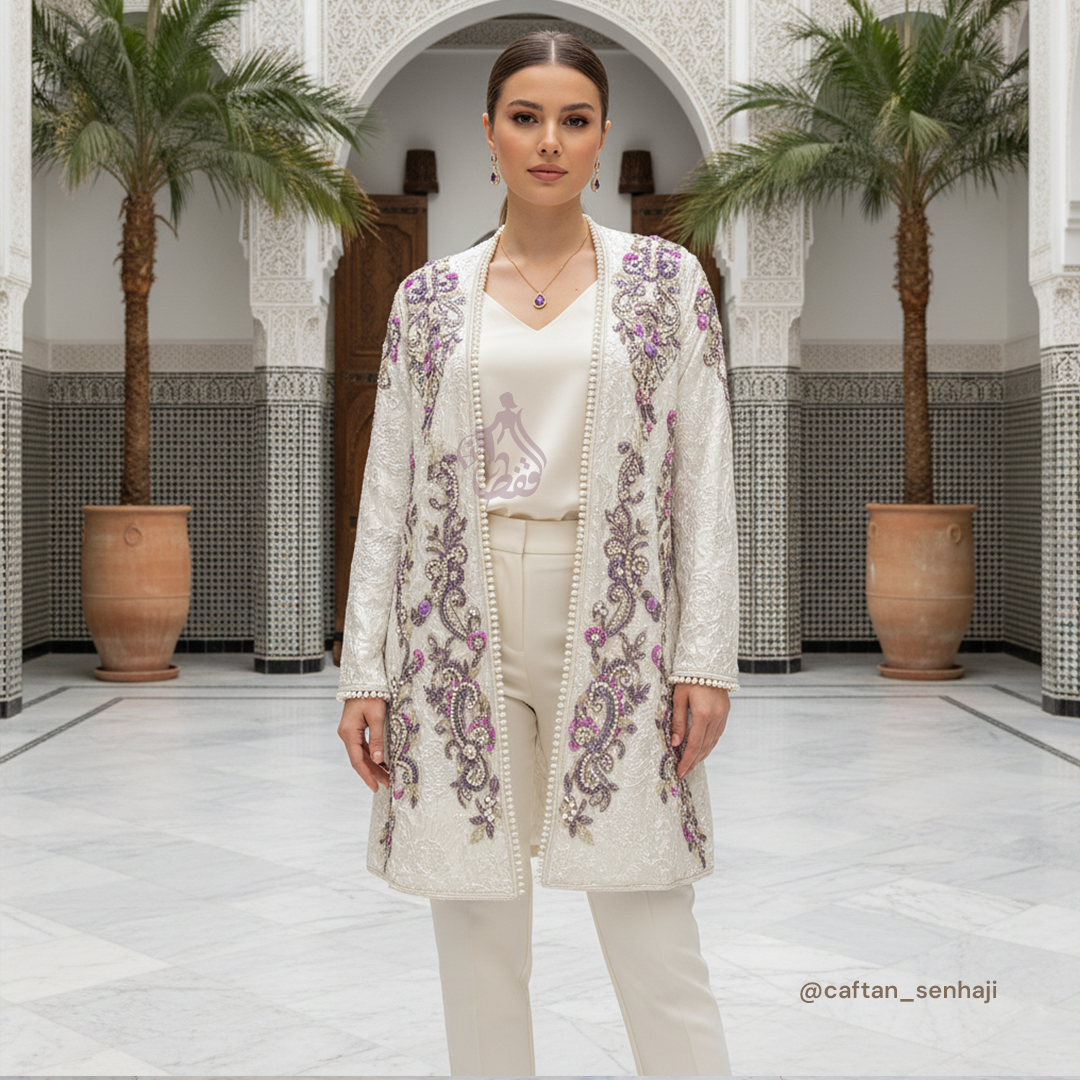 Veste brodée blanche et mauve